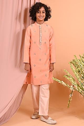 peach cotton & cotton silk embroidered kurta set for boys