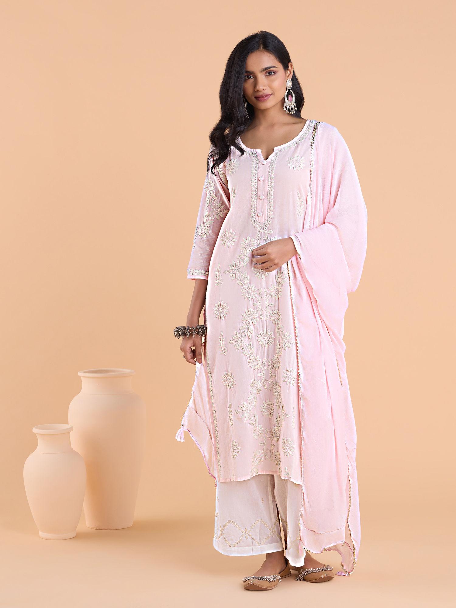 peach cotton authentic hand work chikankari kurta with pant and dupatta (set of 3)