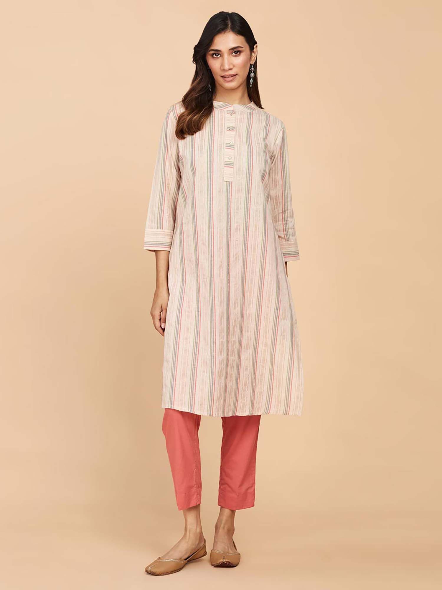 peach cotton blend printed knee length kurta