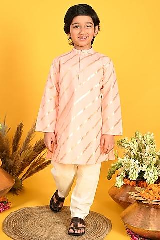 peach cotton blend printed kurta set for boys