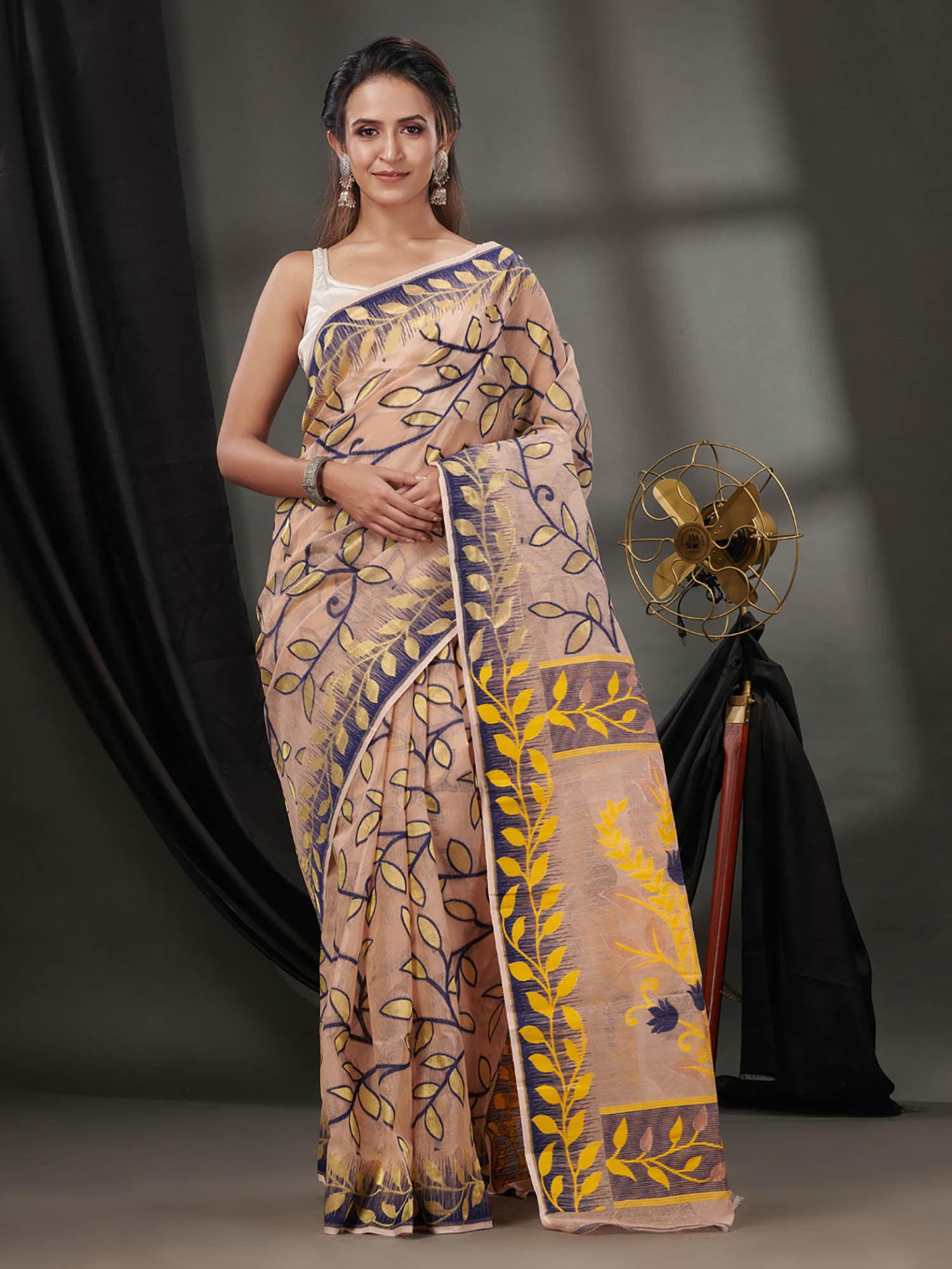 peach cotton dhakai jamdhani handwoven saree without blouse & foliage designs