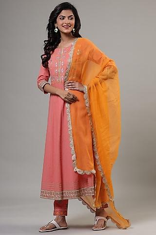 peach cotton embroidered anarkali set