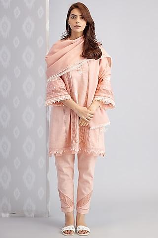 peach cotton embroidered kurta set