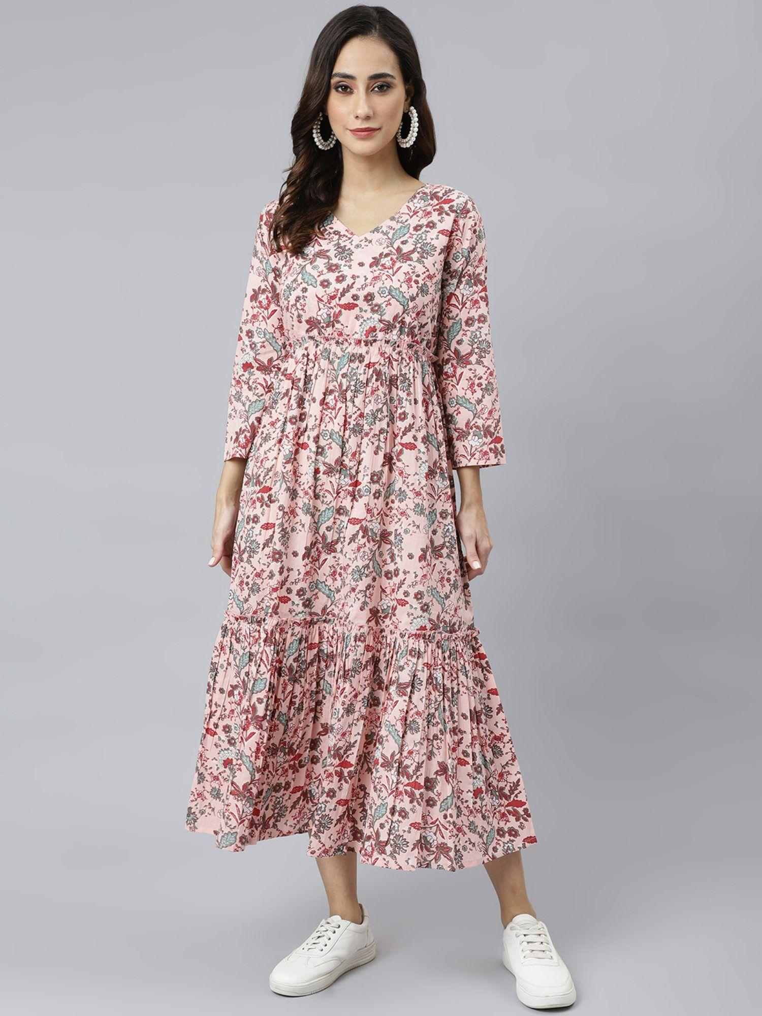 peach cotton floral block print flared dress