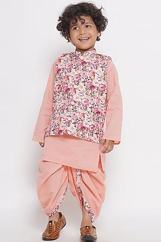 peach cotton floral printed nehru jacket set for boys