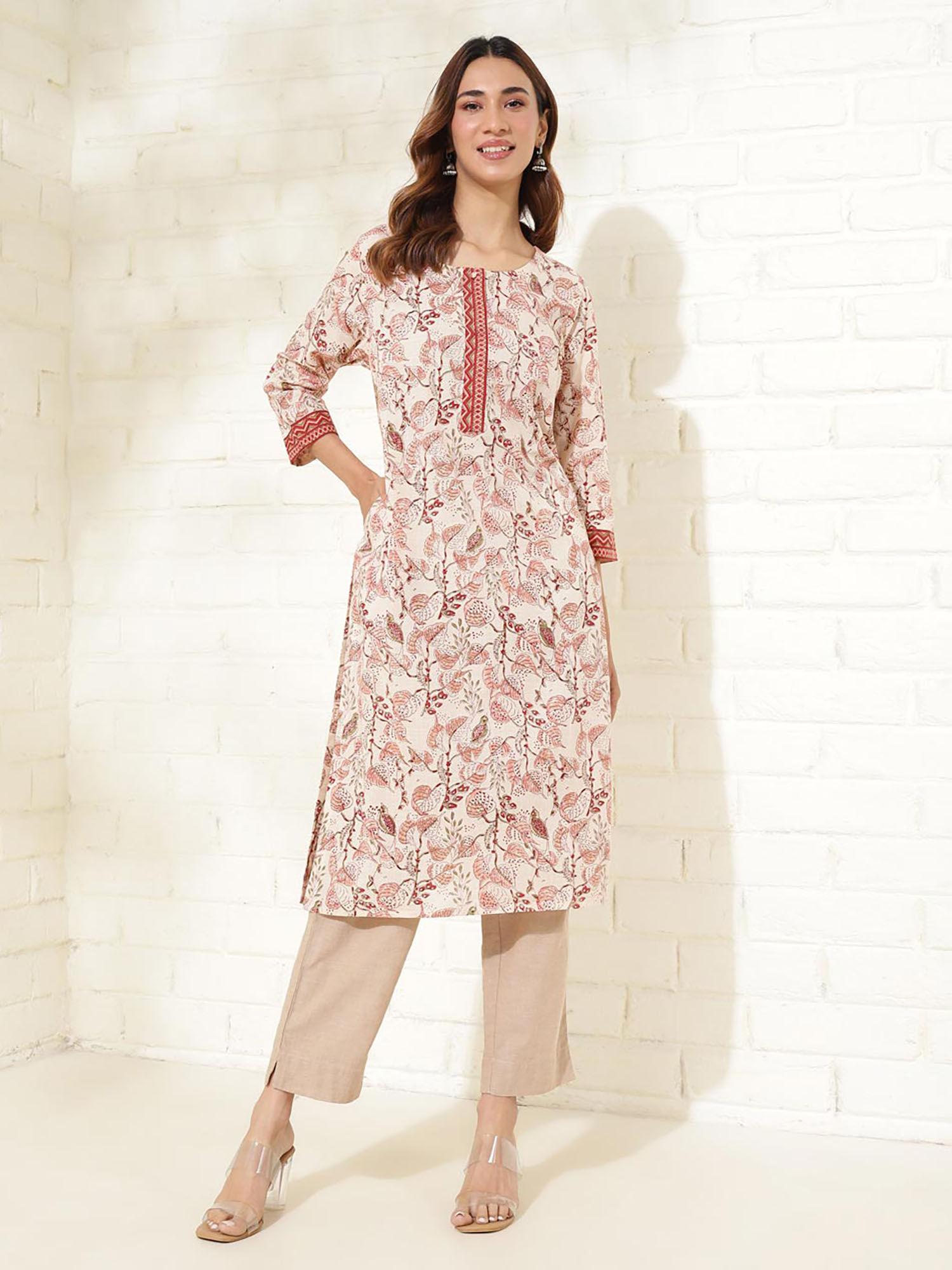 peach cotton hand block printed long kurta