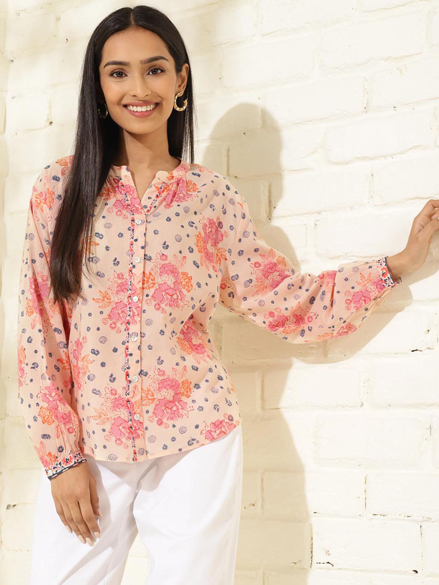 peach cotton hand floral print shirt