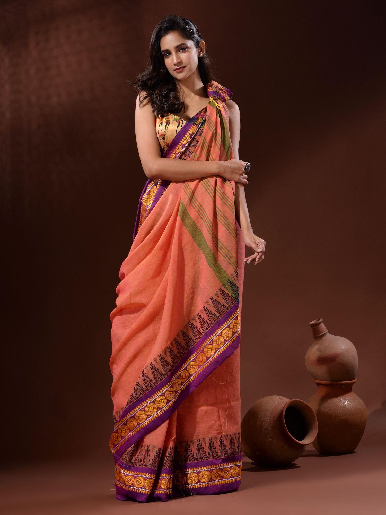 peach cotton handspun handwoven soft saree with unstitched blouse