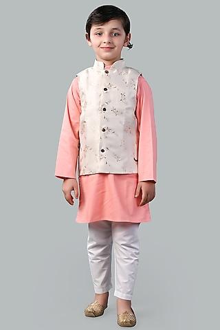 peach cotton kurta set with bundi jacket for boys