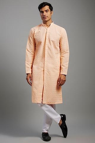 peach cotton polyester embroidered kurta set