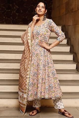 peach cotton printed anarkali set