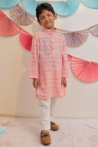 peach cotton printed kurta set for boys