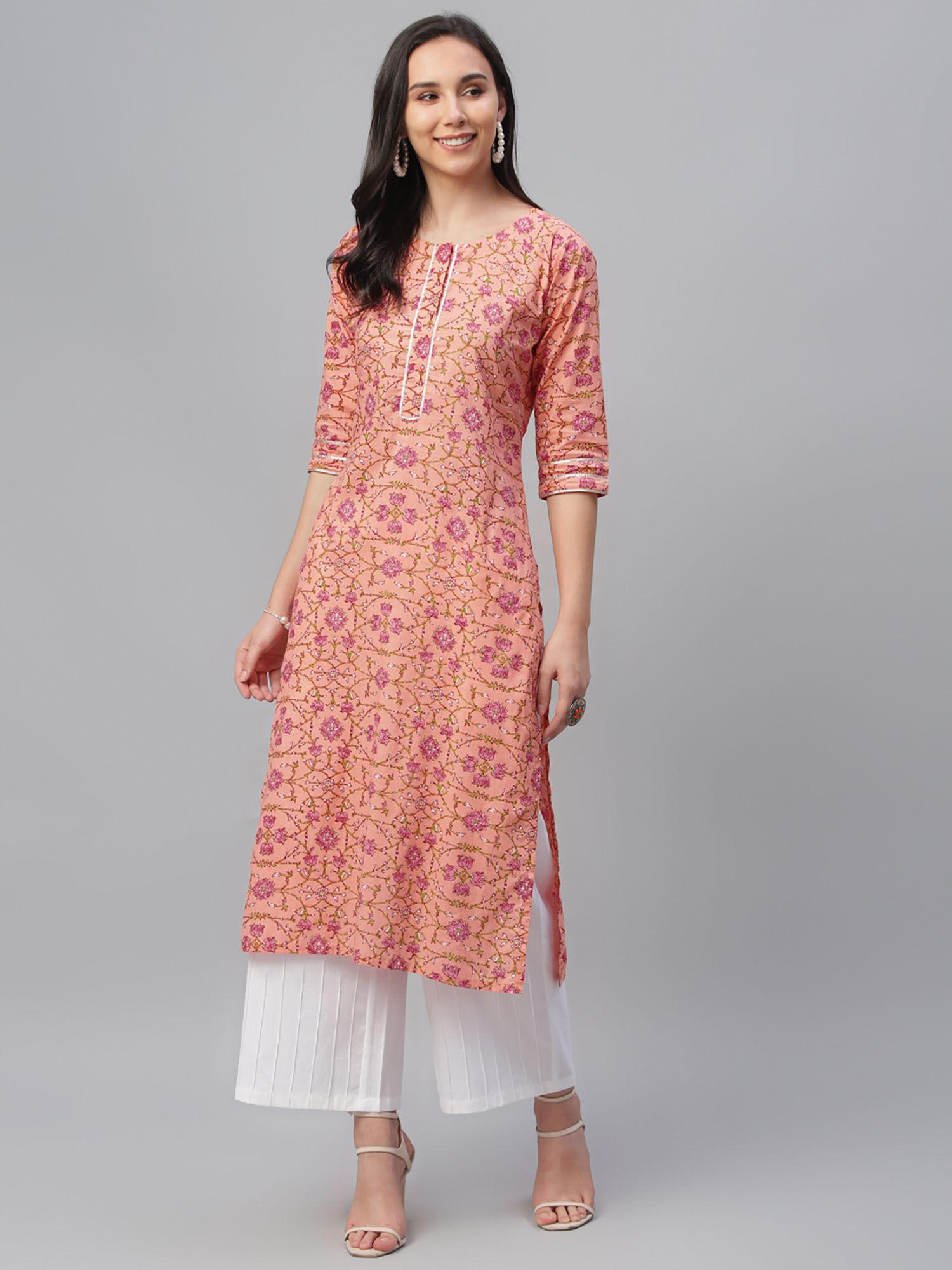 peach cotton printed straight kurta