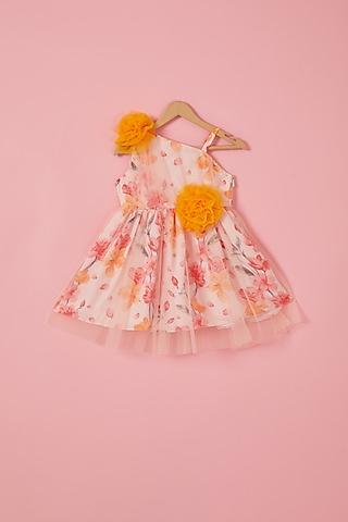 peach cotton satin floral printed one-shoulder dress for girls