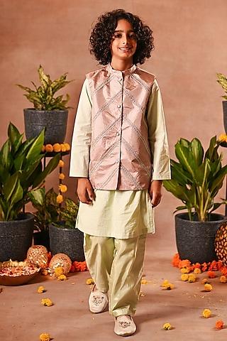 peach cotton silk & cotton voile nehru jacket set for boys