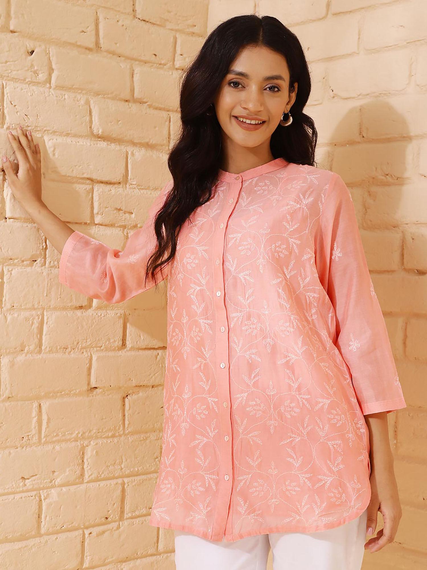 peach cotton silk chikankari shirt