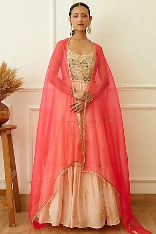 peach cotton silk embroidered kalidar anarkali set