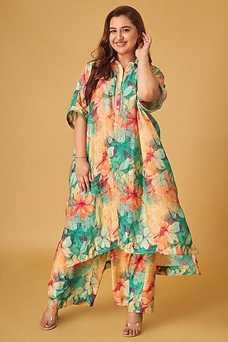 peach cotton silk floral printed asymmetrical tunic set