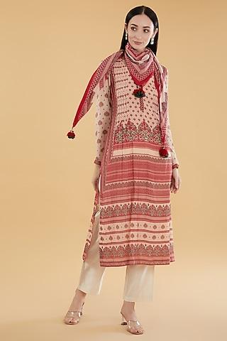 peach cotton silk floral printed straight kurta set