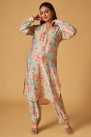 peach cotton silk floral printed tunic set