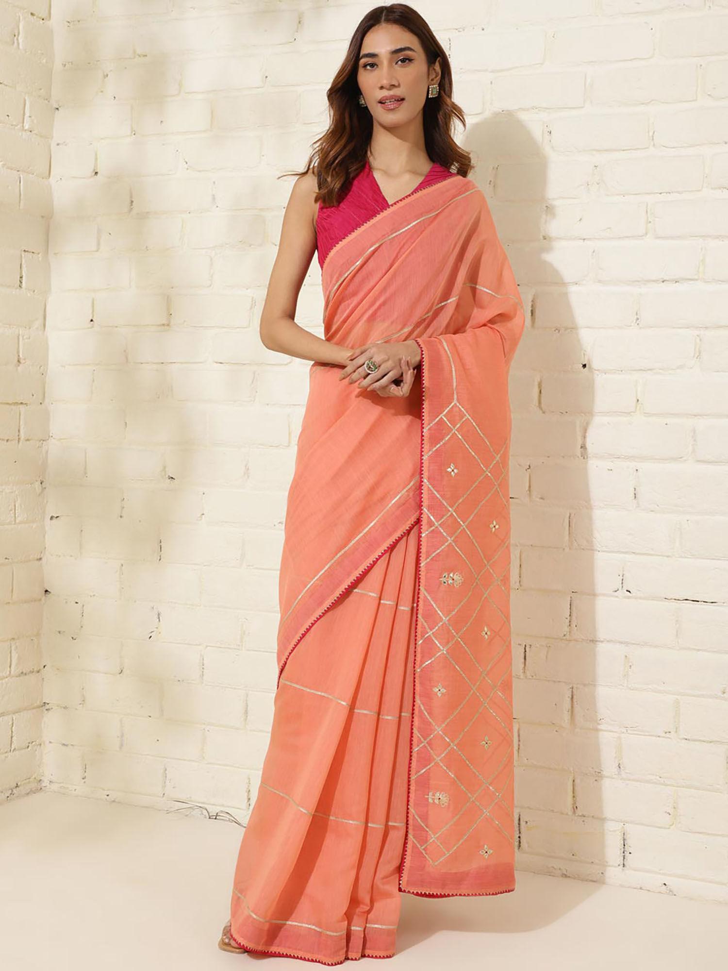 peach cotton silk hand embroidery saree without blouse