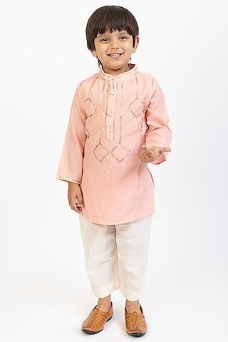 peach cotton silk kurta set for boys