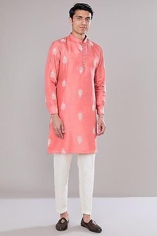 peach cotton silk sequins embroidered kurta set