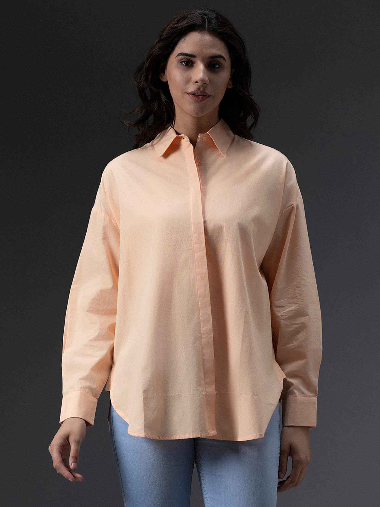 peach cotton spread collar long sleeves shirts