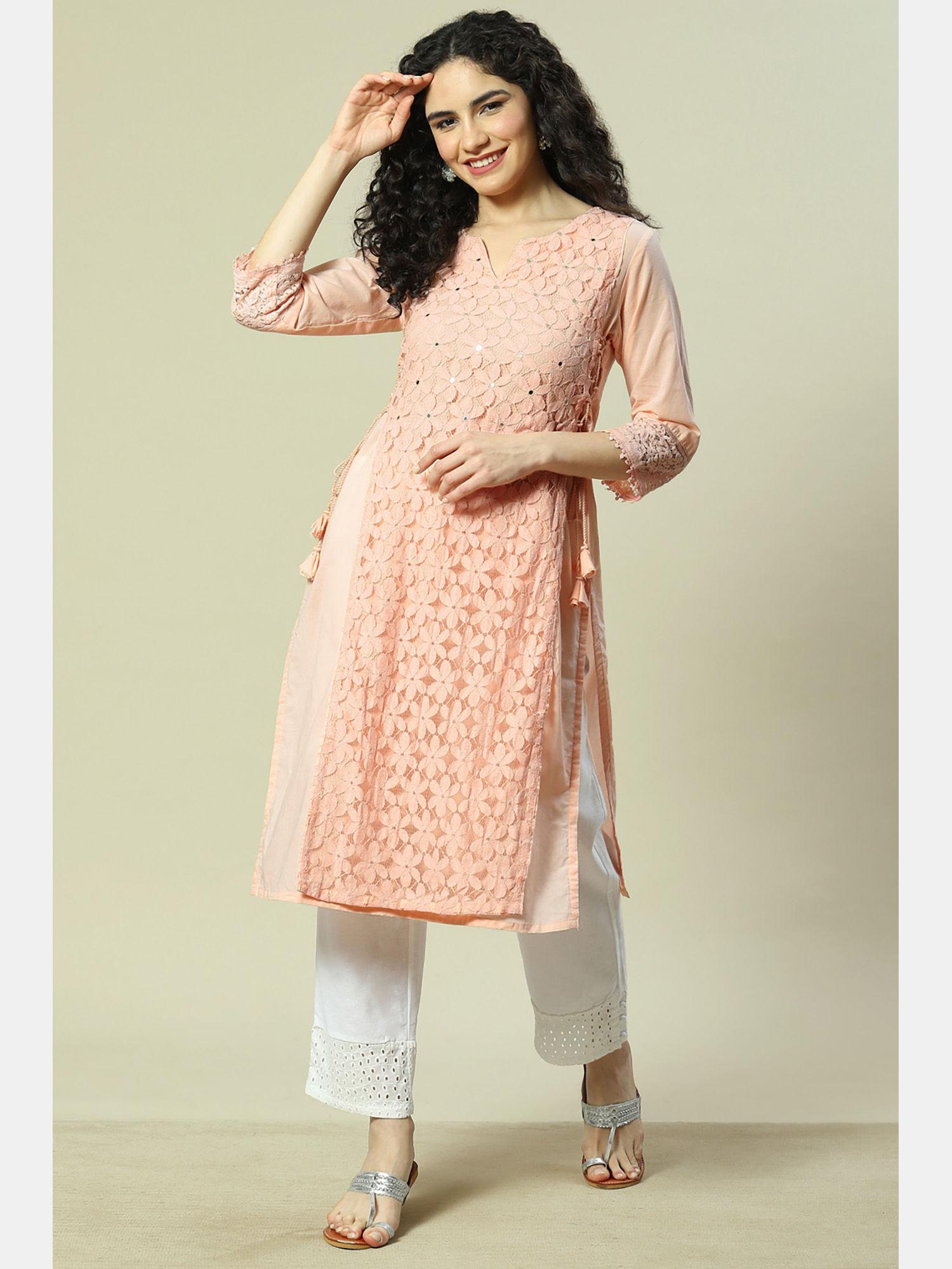 peach cotton straight kurta