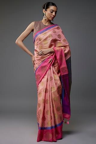 peach cotton tissue banarasi saree set