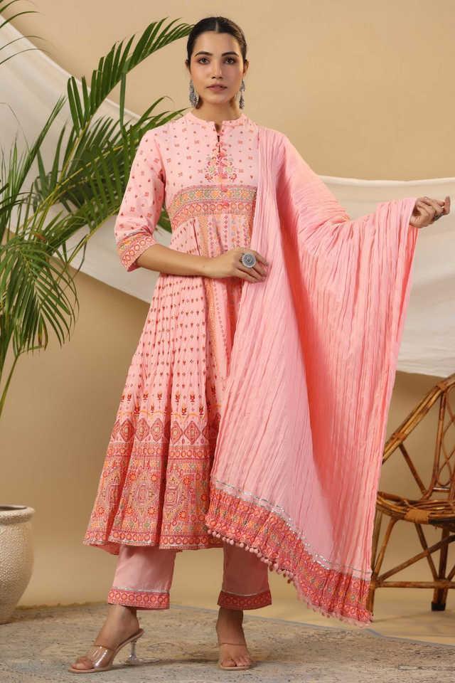 peach cotton tribal printed crushed anarkali kurta with pants and dupatta set with kantha work _ button (3-pcs)