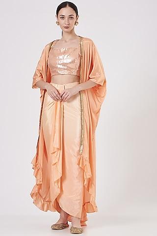 peach crepe & sequins cape set