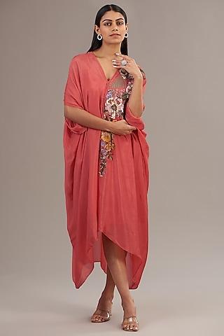 peach crepe chiffon floral embroidered draped midi dress