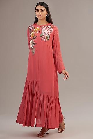 peach crepe chiffon floral embroidered maxi dress