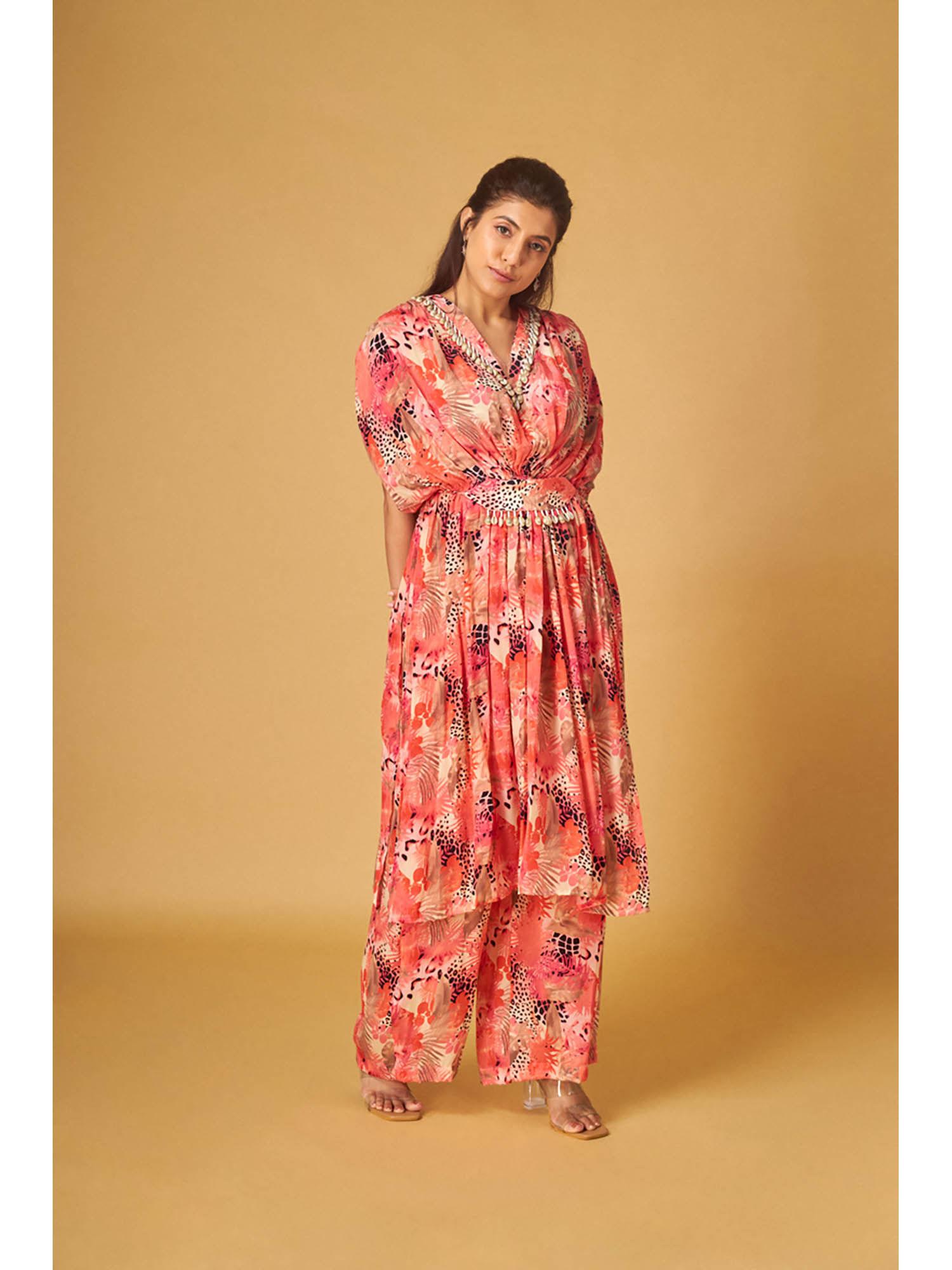 peach crepe print embroidered kurta and pants co-ord (set of 3)