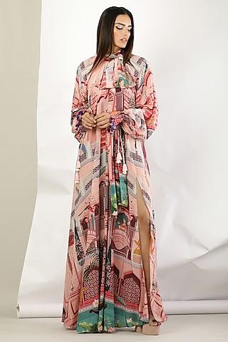 peach crepe printed & embroidered maxi dress