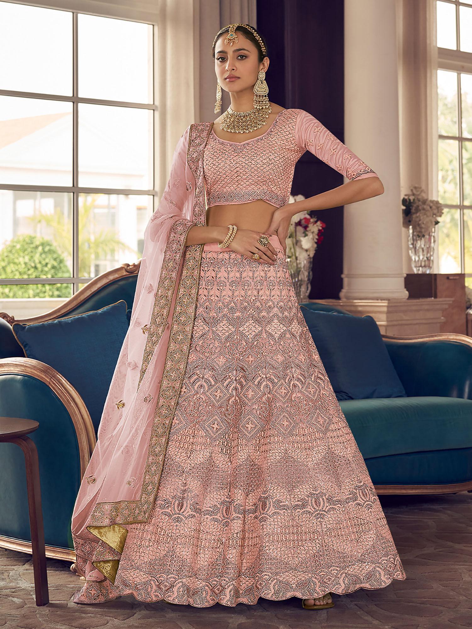 peach crepe semi stitched lehenga with unstitched blouse (set of 3)