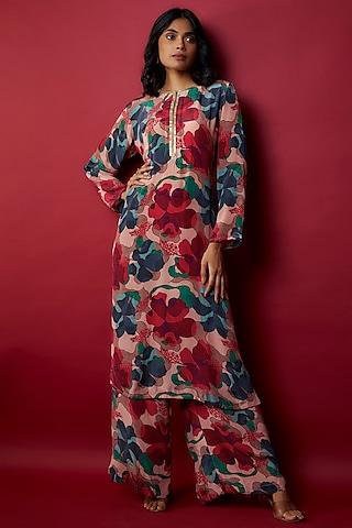 peach crepe silk digital printed & lace work kurta set