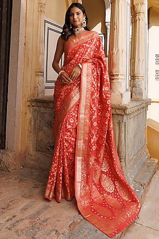 peach dola silk tie-dye bandhani banarasi saree set