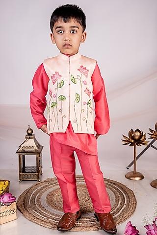 peach dupion hand embroidered nehru jacket set for boys