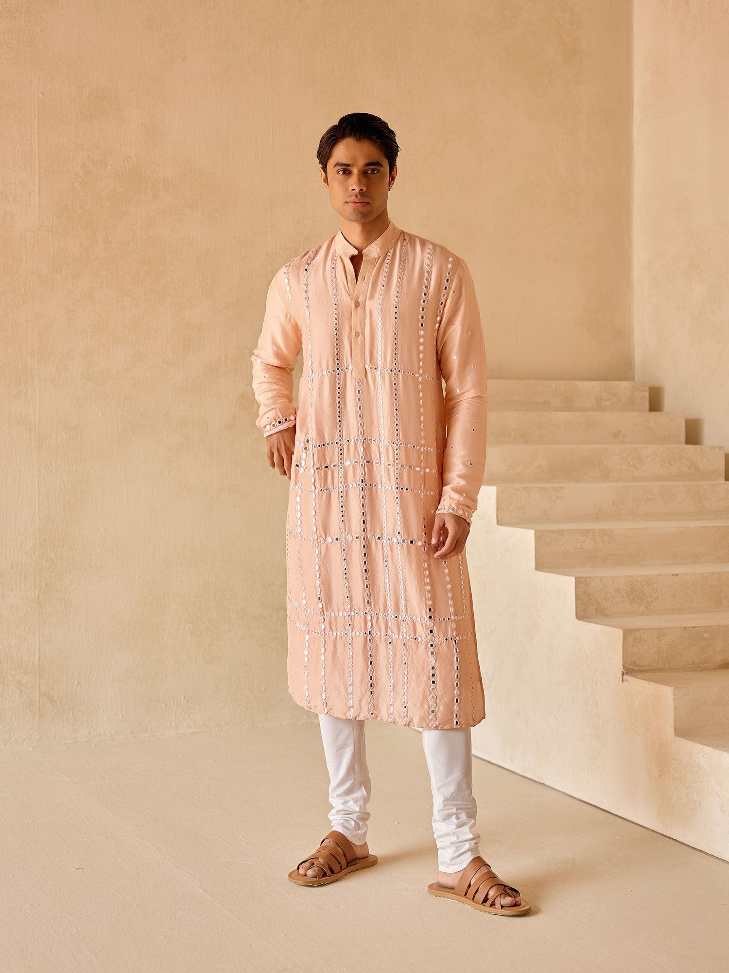 peach dupion silk kurta with mirror work check jaal (set of 2)