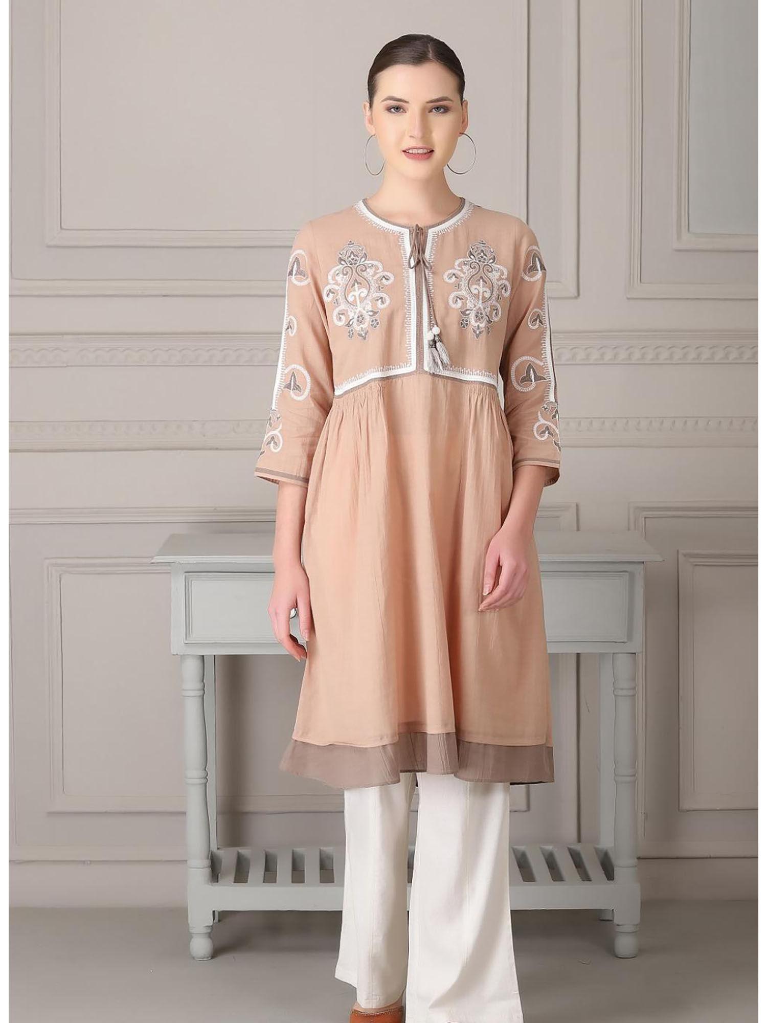 peach dust embroidered tunic with shirring