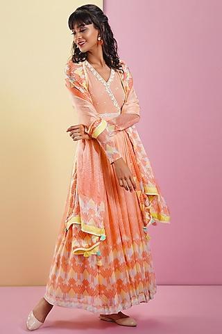 peach embellished & printed anarkali set