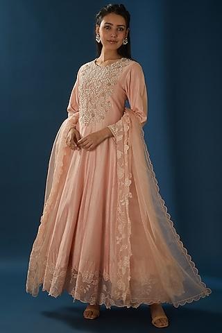 peach embellished anarkali set