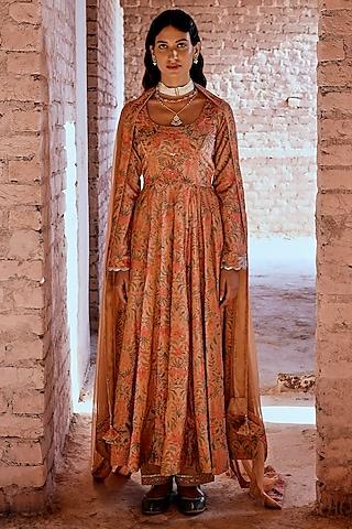 peach embellished anarkali set