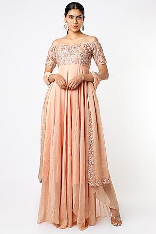 peach embellished anarkali set