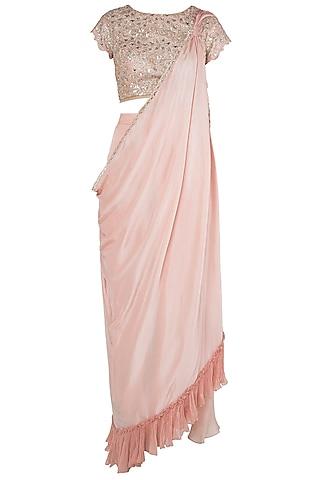 peach embellished blouse with attached saree drape and palazzo pants
