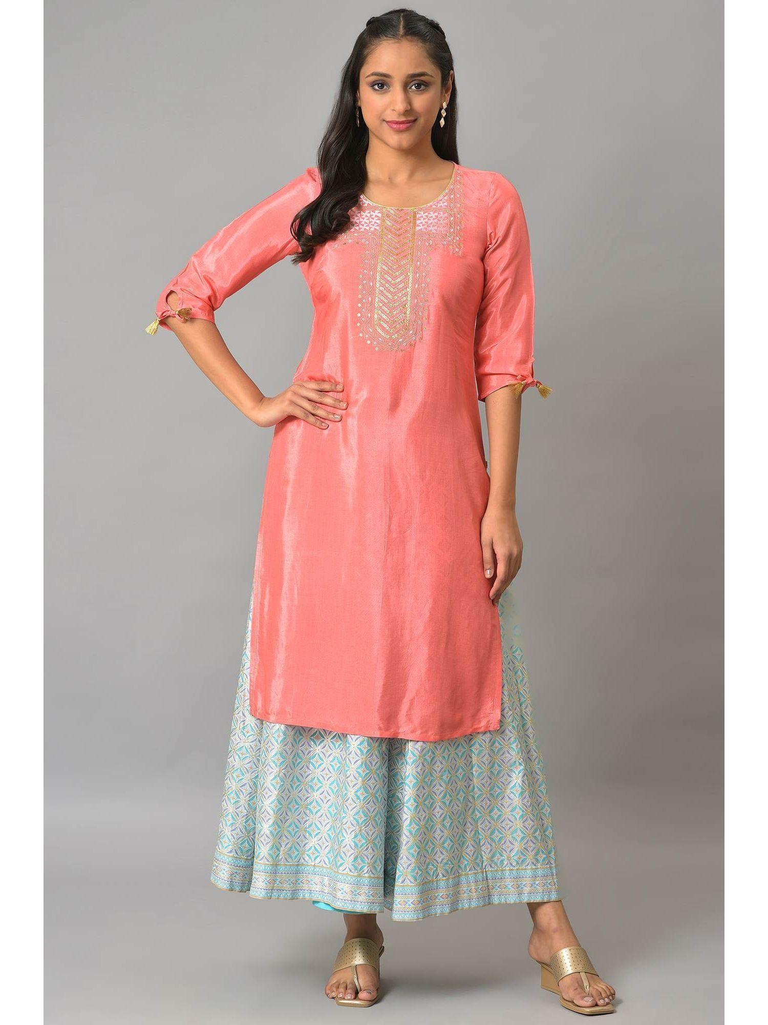 peach embellished kurta & skirt (set of 2)