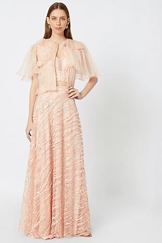 peach embellished lehenga skirt with bustier & pleated cape