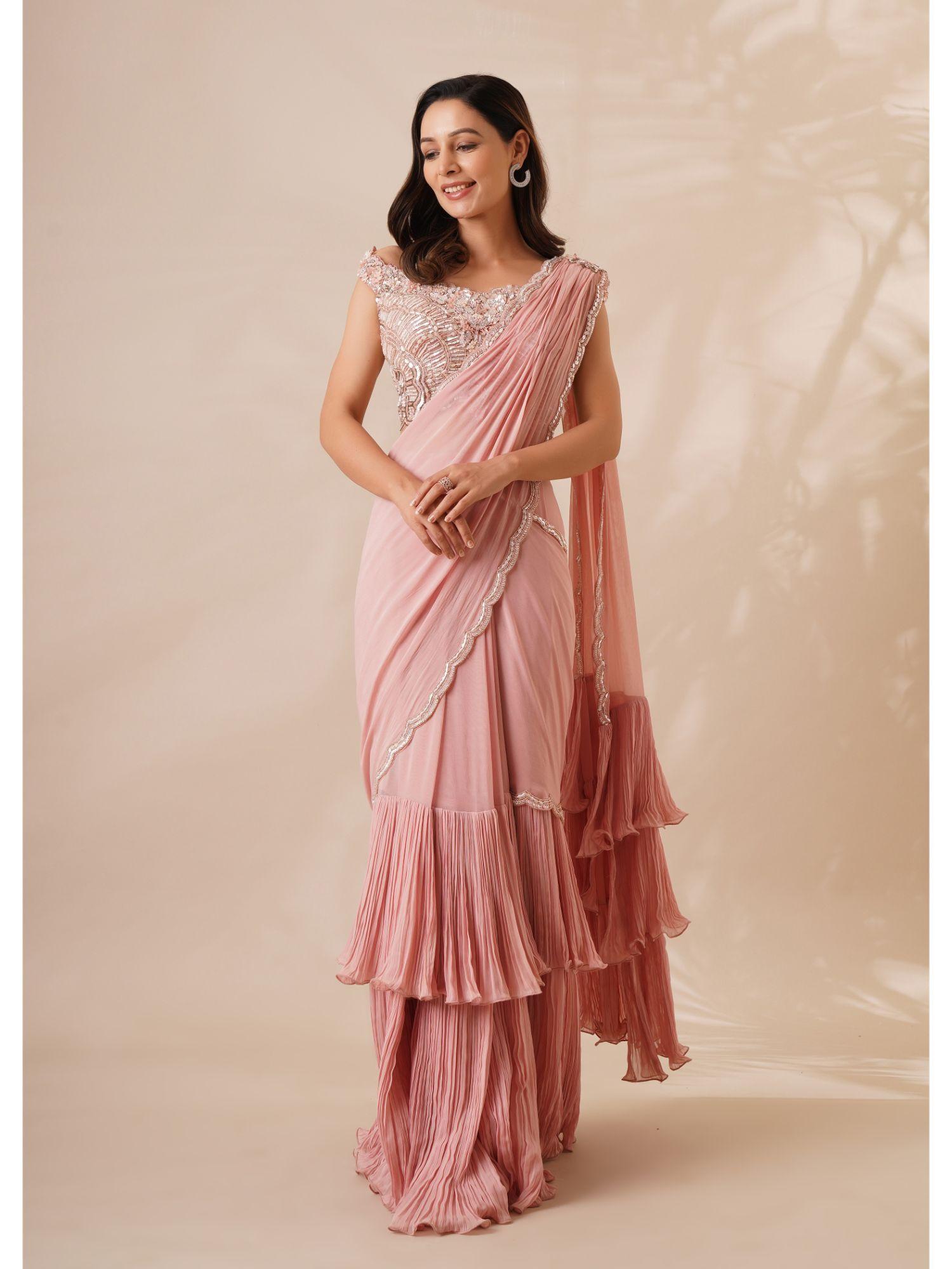 peach embellished pre-drape saree with stitched blouse